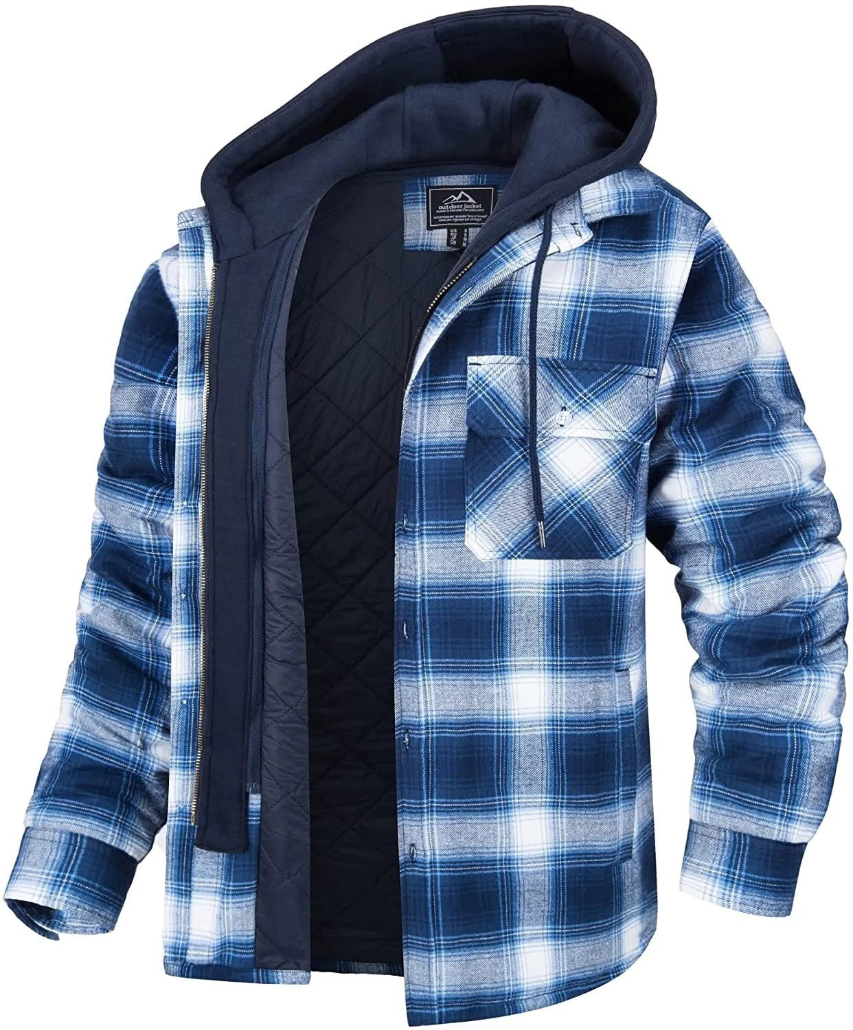 Men's Plaid Hooded Coat Winter Warm Button Zip-up Jacket Women null Sky blue grid 2XL