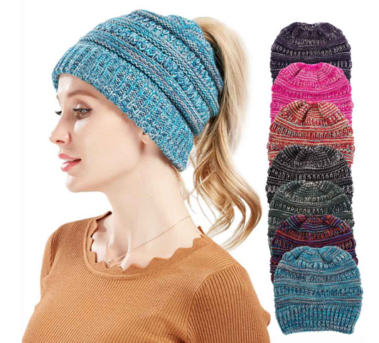 Mixed Color Knitted Wool Hat Ladies Non-labeled Ponytail Hat Women dealsniper-net