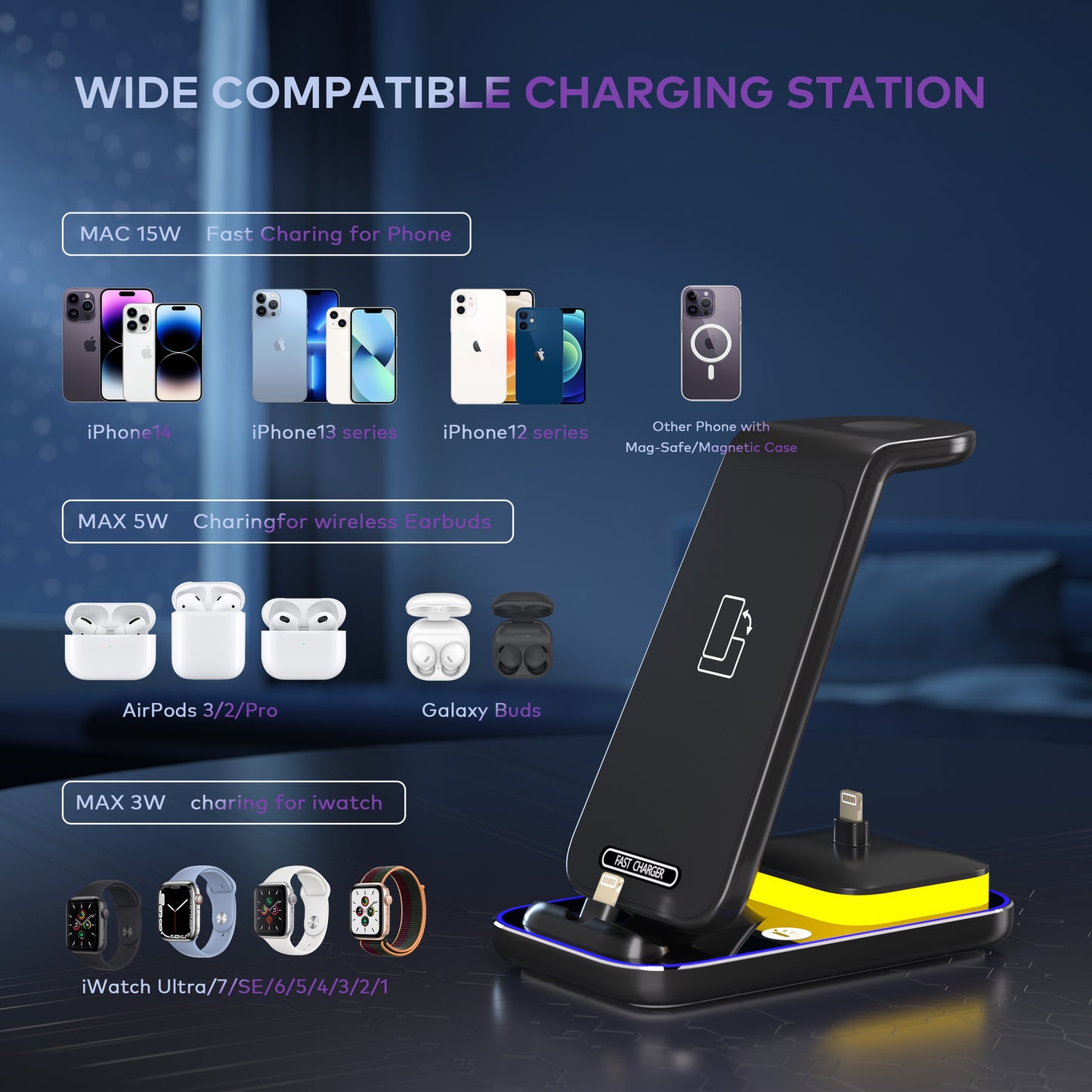 15W Fast Charge Vertical Wireless Charger Mobile Phone Watch Headset Electronics DealSniper.net