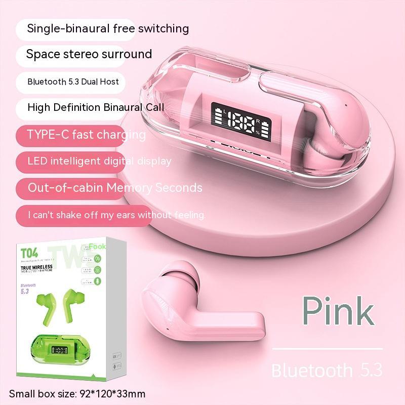 Wireless Digital Display Bilateral Stereo Transparent Headset Electronics dealsniper-net Neutral Box T04 Pink