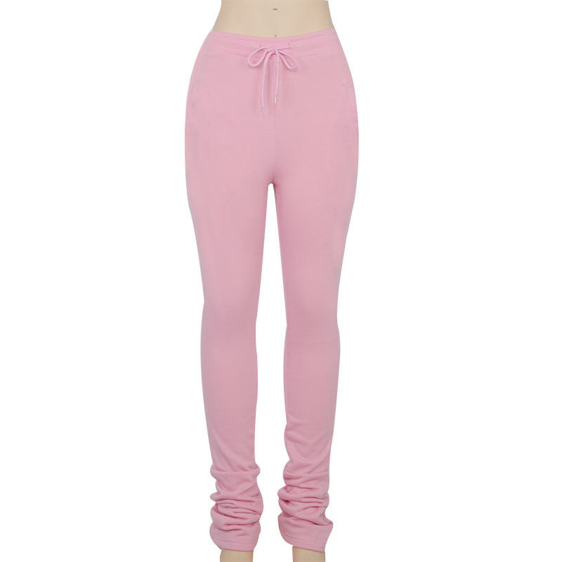 Elastic high-waist pleated drawstring slacks Women DealSniper.net Pink L