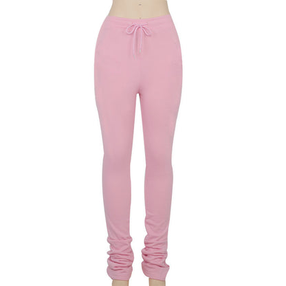 Elastic high-waist pleated drawstring slacks Women DealSniper.net Pink L