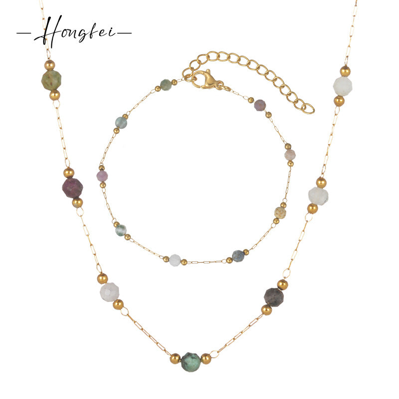 Stainless Steel Natural Stone Necklace Bracelet Set For Women Jewelry DealSniper.net