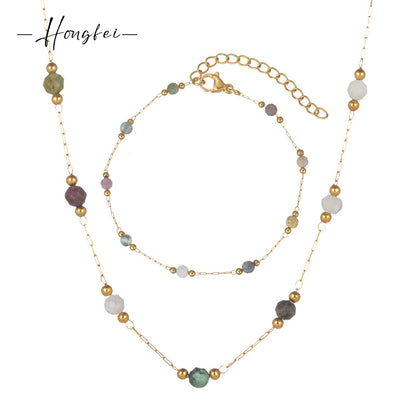 Stainless Steel Natural Stone Necklace Bracelet Set For Women Jewelry DealSniper.net