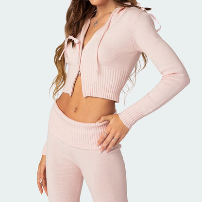 Fashion Knitted Hooded Suit Long Sleeve Zipper Cropped Top