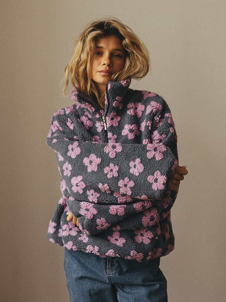 Winter Flowers Lambskin Sweatshirt With Big Pocket Women null Pink 2XL