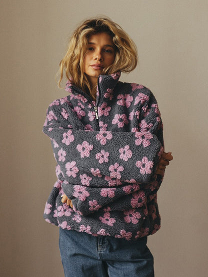 Winter Flowers Lambskin Sweatshirt With Big Pocket Women null Pink 2XL