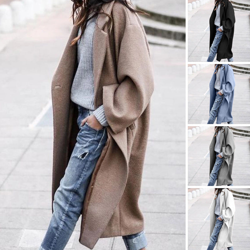 Casual Long Jacket With Pockets Solid Color Single Breasted Lapel Women dealsniper-net