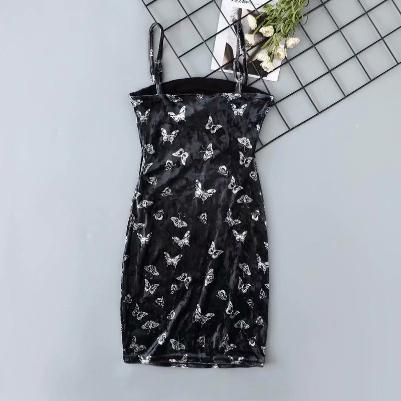 Sexy vintage retro velvet butterfly dress tight club mini dress black strap dress Women dealsniper-net