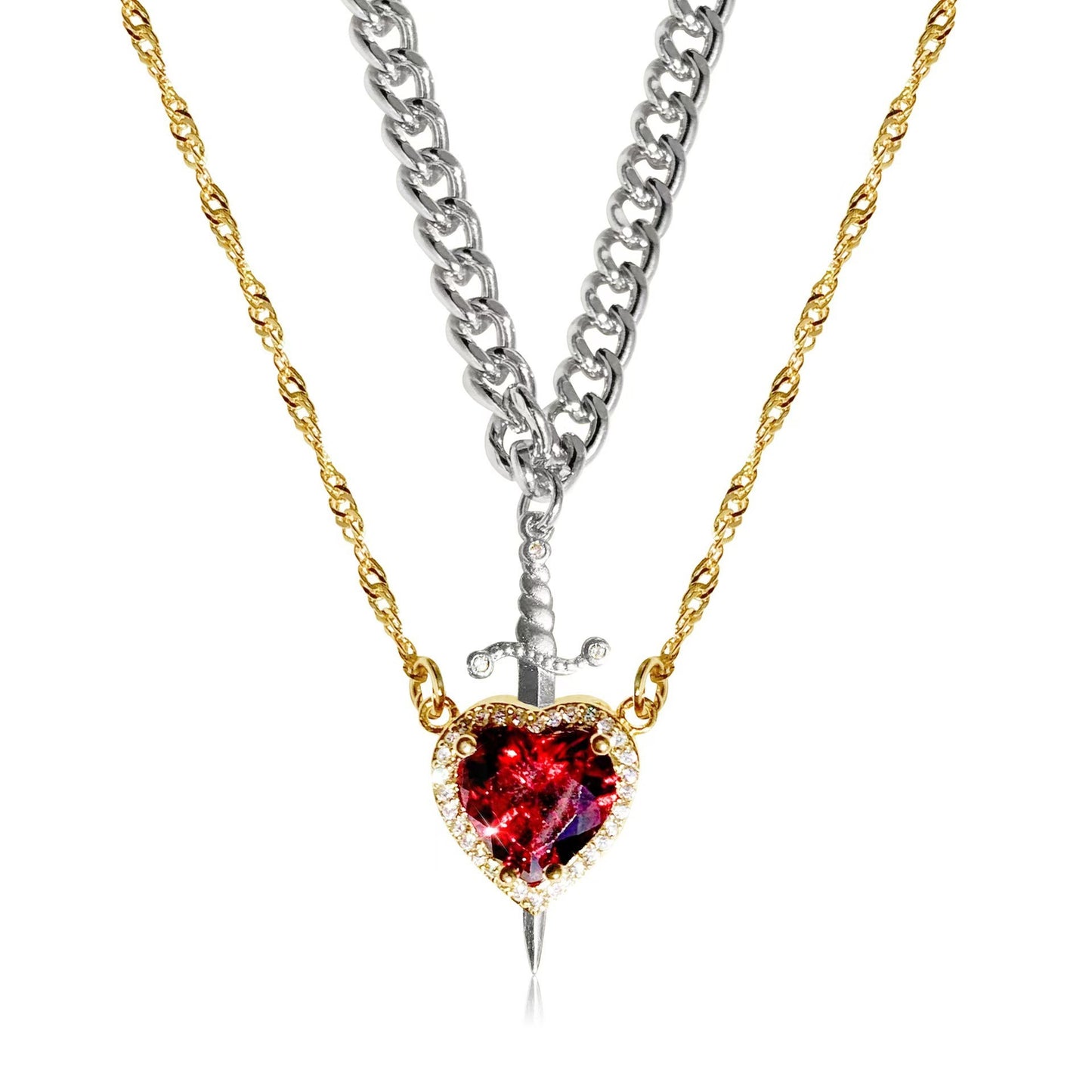 New Heart And Sword Necklace Set Gold Color Stainless Steel Jewelry dealsniper-net Silver Sword Golden Heart