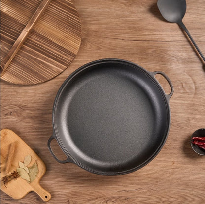 Cast Iron Wok With Dual Handles And Wooden Lid Kitchen dealsniper-net