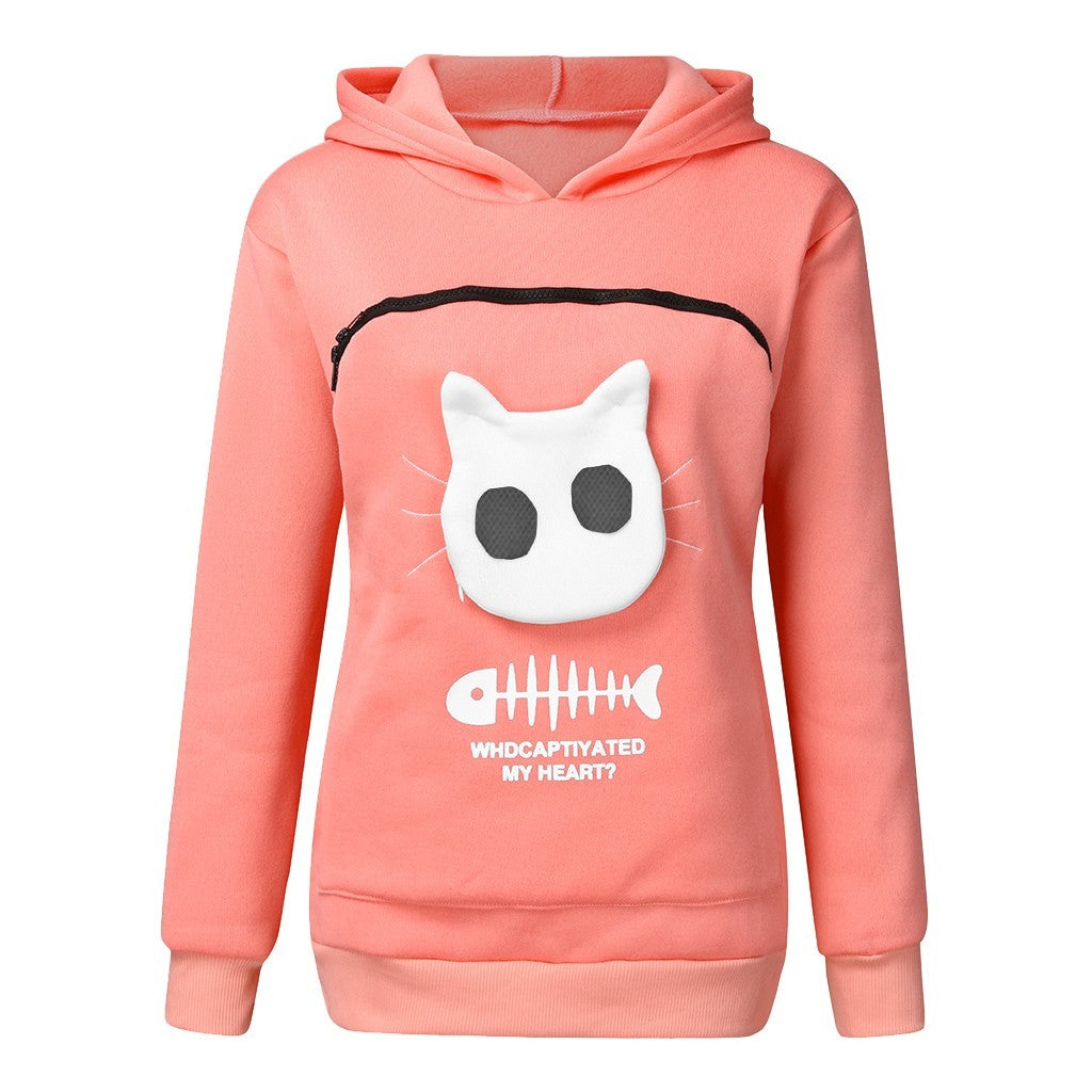 Women Hoodie Sweatshirt With Cat Pet Pocket Design Women dealsniper-net Pink L