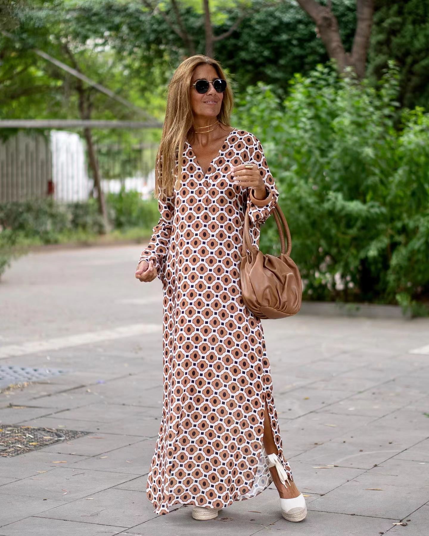 Summer Geometric Printed V-neck Long Dress Fashion Women dealsniper-net Brown Rhombus 3XL