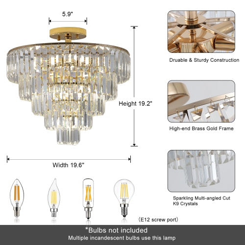 Golden Crystal Chandelier 5-layer Round Semi-recessed