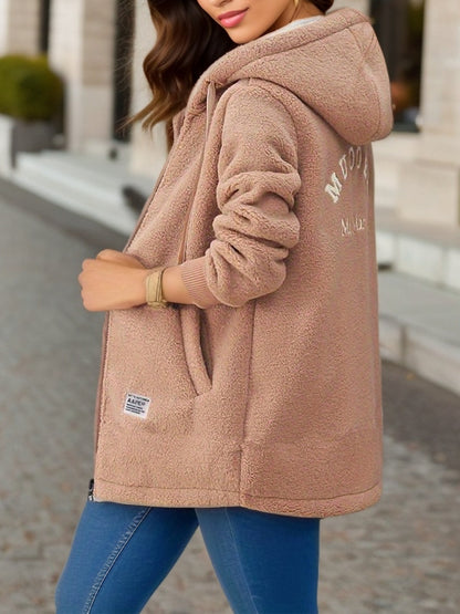 Winter Fleece Hooded Jacket Fashion Casual Zip-up Pockets Women null Khaki 2XL