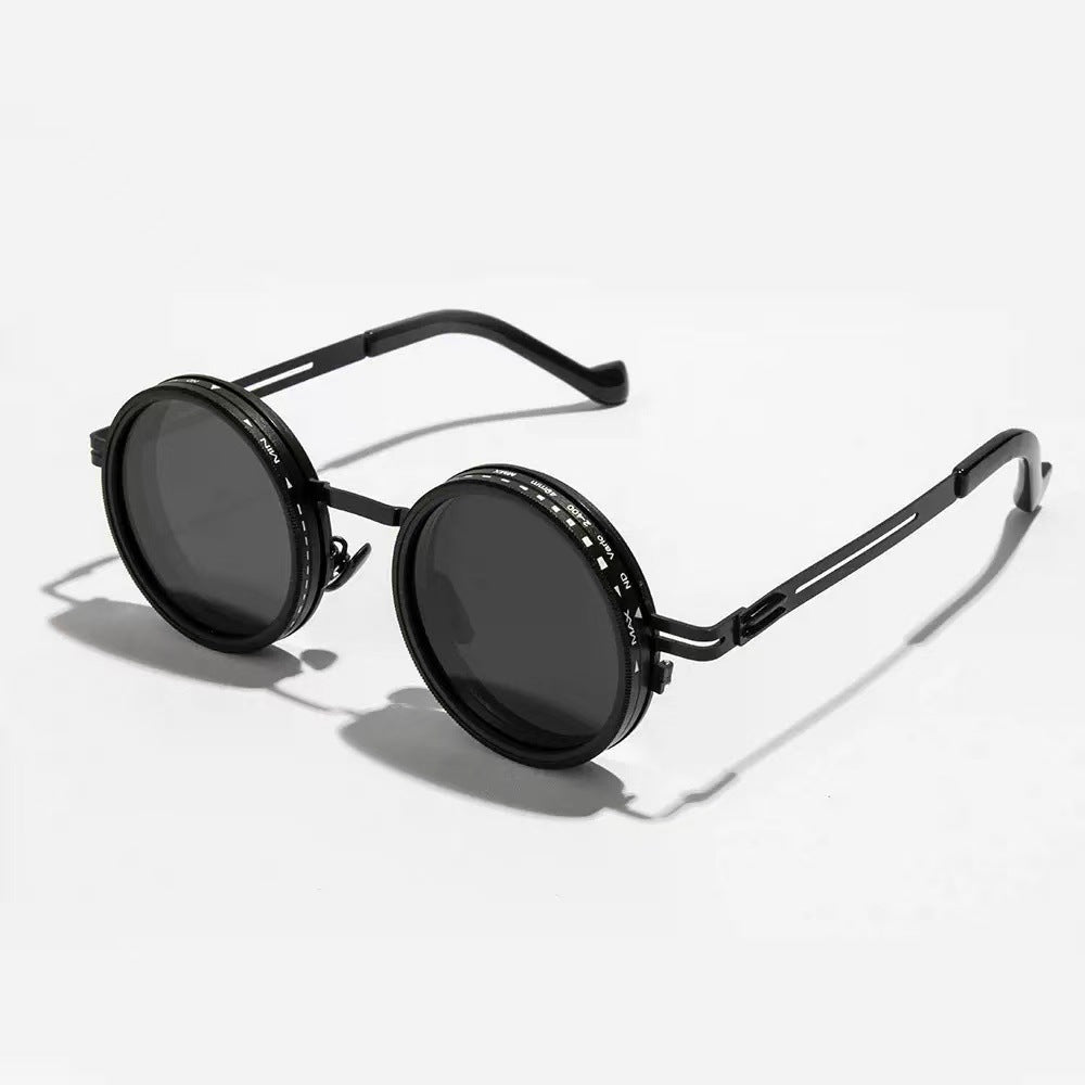 Hollow-out Temple Nd9 Adjustable Light-Reducing Sunglasses Men DealSniper.net Black Black woven zipper box