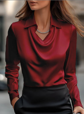 Women's Swing Collar Draped Shirts & Blouses Elegant Solid Satin Women Gym From House
