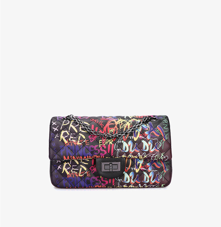 Graffiti alphabet rhombus chain bag Women DealSniper.net Black