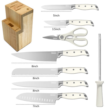 Qulajoy White Knife Set With Block - 9 Piece Razor Sharp Forged High Carbon Stainless Steel Kitchen Knives - Triple Rivet Cooking Knife Set With Kitchen Shear And Sharpener Stick Kitchen dealsniper-net