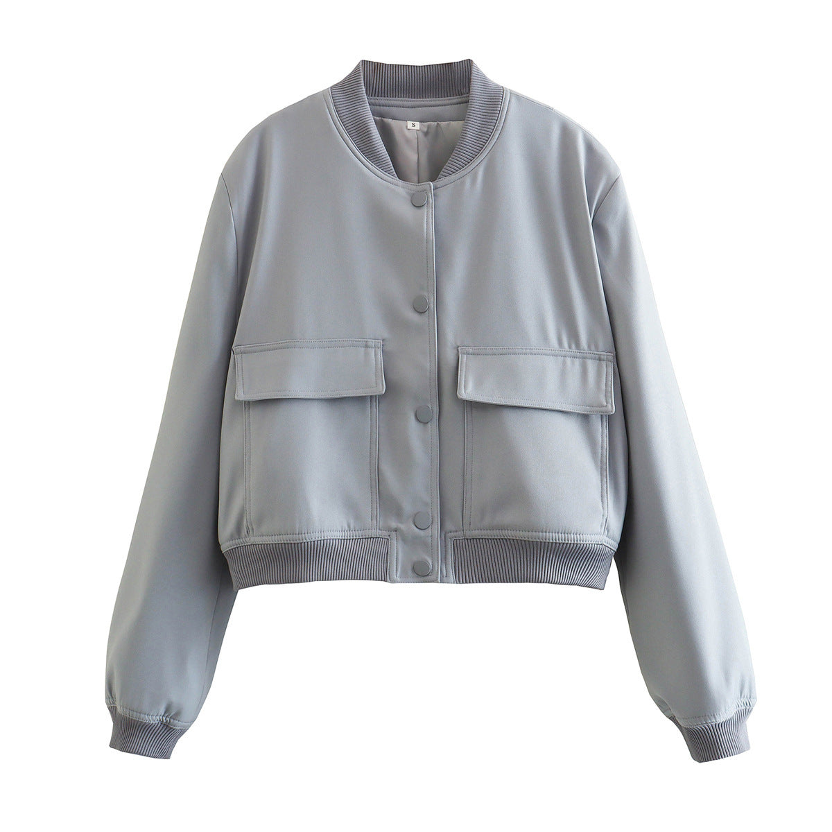 Casual Single-breasted Stand Collar Short Jacket With Pockets Women dealsniper-net Slate gray L