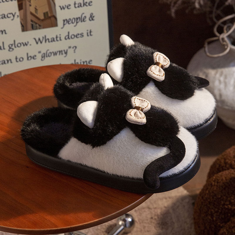 Cute Cat Slippers Fluffy Furry Women Home Platform Slippers Women DealSniper.net White And Black 36to37