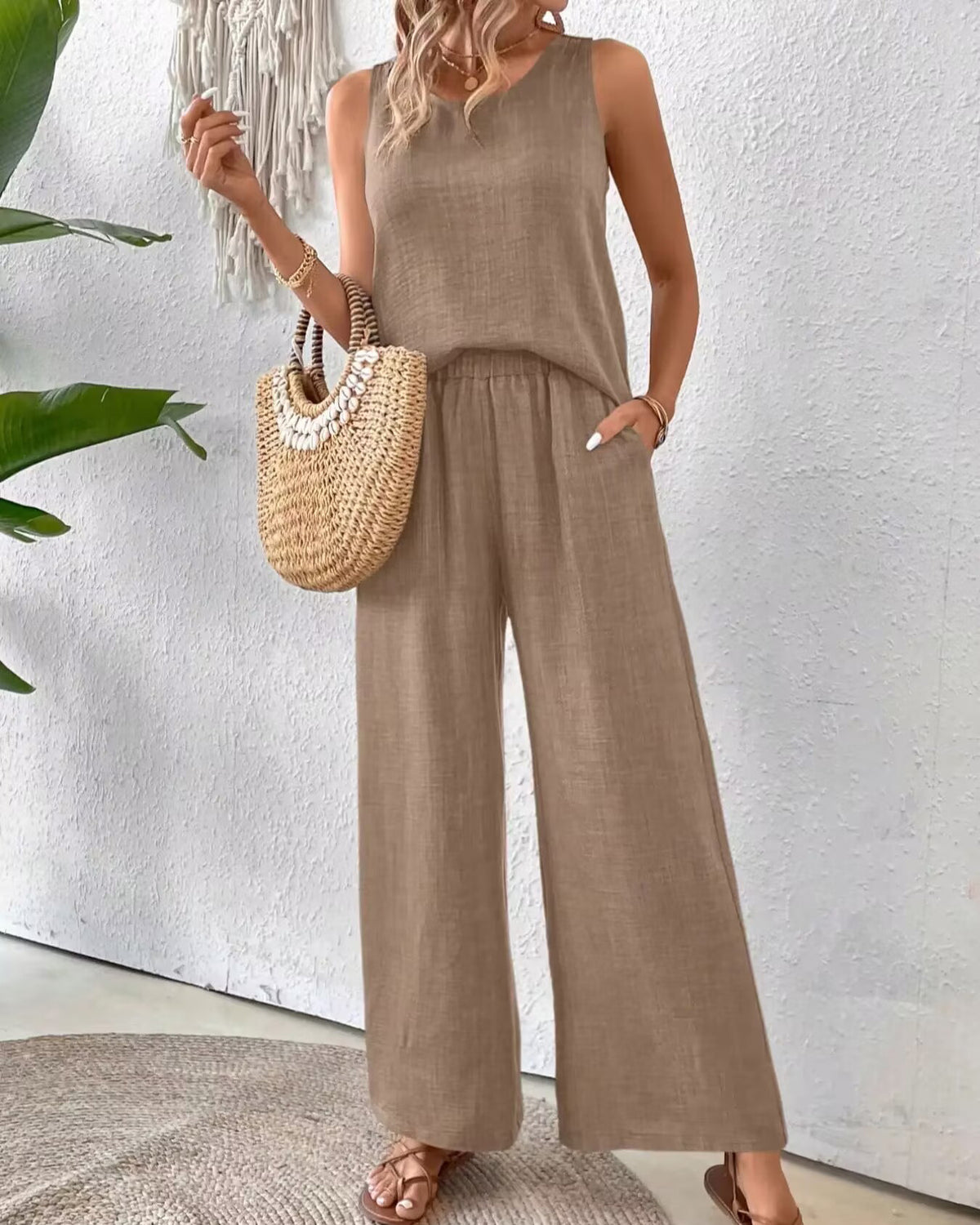2 Pieces Set Women's Sleeveless Solid Color Back Hollow Lace Suit Women Gym From House Khaki L