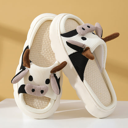 Cute Cartoon Cow Frog Slippers Linen Non-slip Shoes Indoor Women dealsniper-net