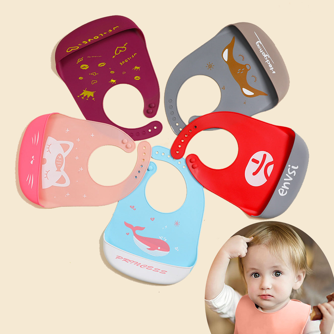 Waterproof Soft Baby Silicone Bibs Cute Cartoon Printed Kids Girl Boy Adjustable Children Bib Baby Lunch Feeding Stuff