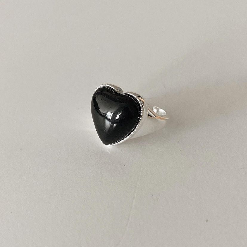 Silver Black Agate Loving Heart With Opening Women's Ring Simple Jewelry dealsniper-net