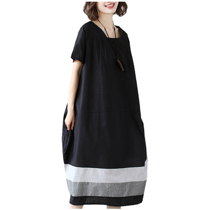 Cotton And Linen Short Sleeve Dress Large Size Women's Mid Length Women dealsniper-net