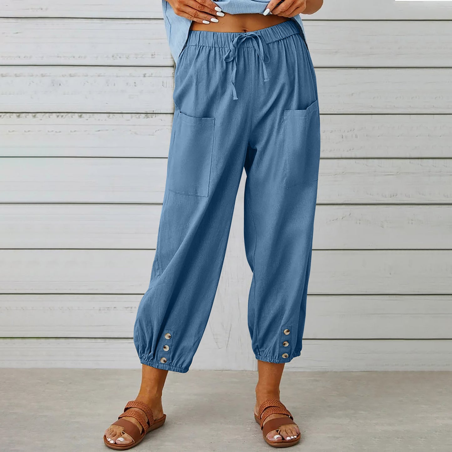 Women Drawstring Tie Pants Spring Summer Cotton And Linen Women dealsniper-net Denim Blue 4XL