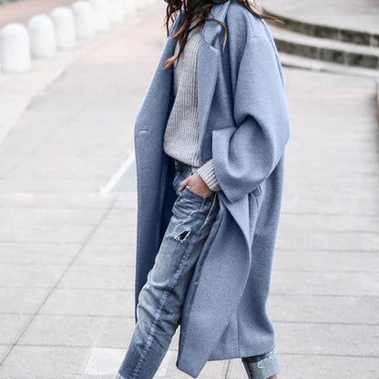 Casual Long Jacket With Pockets Solid Color Single Breasted Lapel Women dealsniper-net Light Blue L