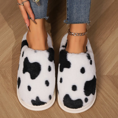 Cute Cow Spotted Plush Slippers Winter Warm Non-slip Women dealsniper-net