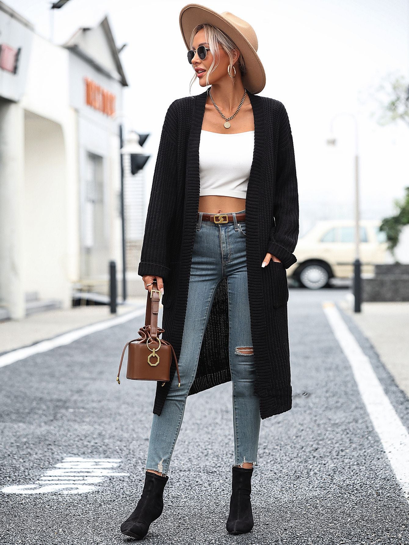 New Women's Solid Color Knitwear Women's Coat Sweater Women Gym From House Black L