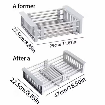 Adjustable Immersion Sink Dish Drying Rack With Stainless Steel Drain Basket - Portable And Retractable Space-Saving Fruit And Vegetable Solution