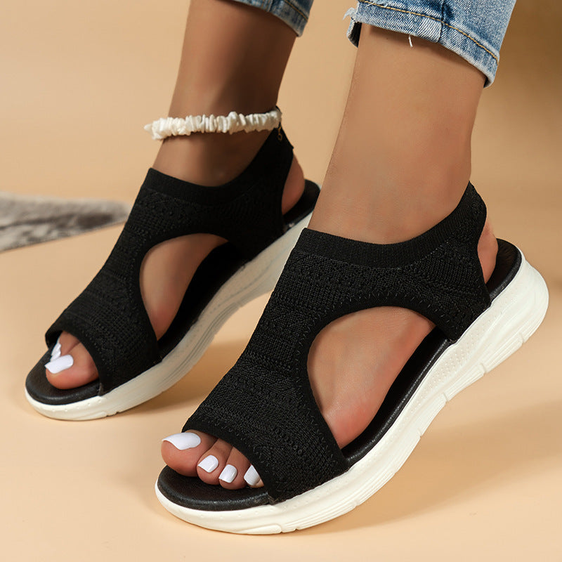 Women's Flyknit Sandals Hollow Peep-toe Roman Shoes Women dealsniper-net Black 35