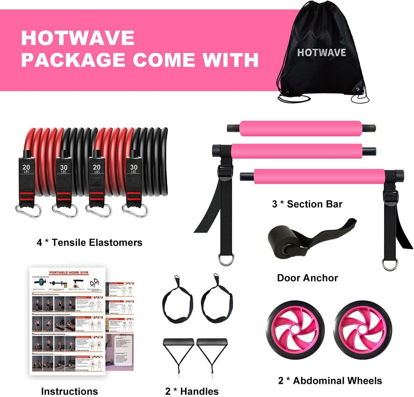 Pilates Bar Kit With Resistance Bands. Fitness Bar With Ab Roller For Abs Workout. Squat Machine.Core Strength Training Equipment.Portable Home Gym For Men And Women Sports DealSniper.net Pink