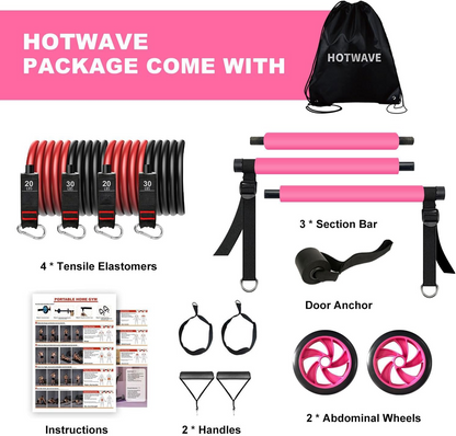 Pilates Bar Kit With Resistance Bands. Fitness Bar With Ab Roller For Abs Workout. Squat Machine.Core Strength Training Equipment.Portable Home Gym For Men And Women Sports DealSniper.net Pink