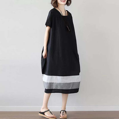 Cotton And Linen Short Sleeve Dress Large Size Women's Mid Length Women dealsniper-net Black One size