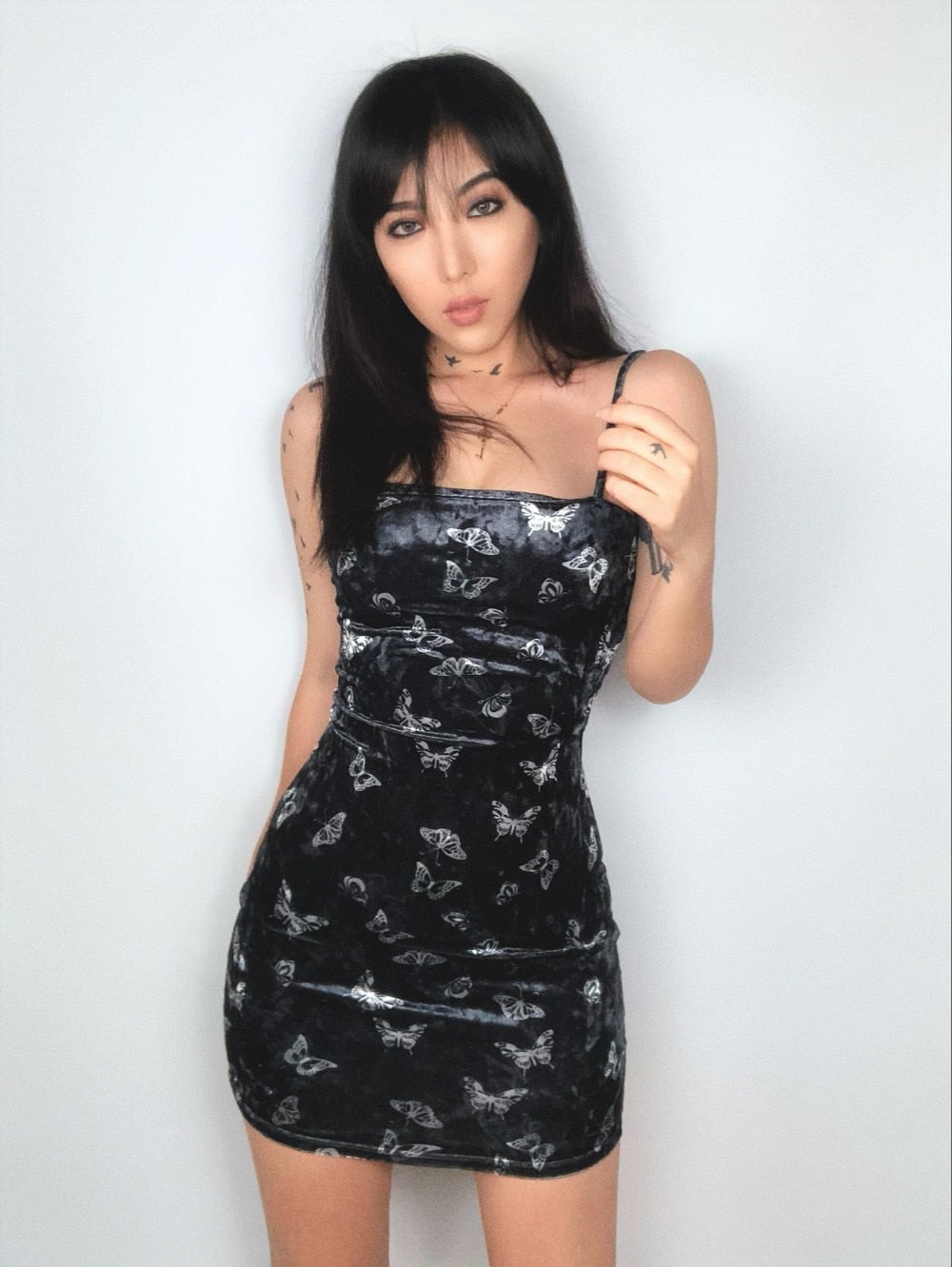 Sexy vintage retro velvet butterfly dress tight club mini dress black strap dress Women dealsniper-net