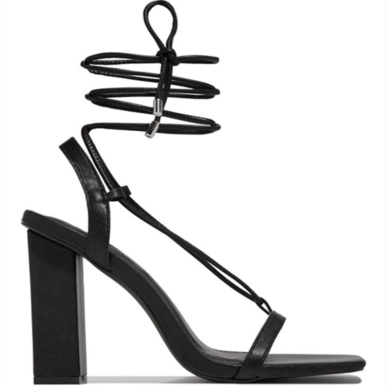 Women Shoes Square Toe Ankle Lace-Up Strappy Sandals Fashion Party Pumps Women DealSniper.net Black Size36