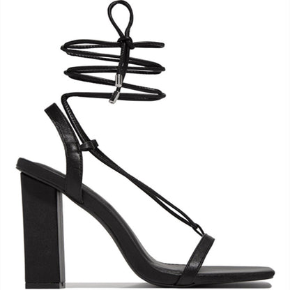 Women Shoes Square Toe Ankle Lace-Up Strappy Sandals Fashion Party Pumps Women DealSniper.net Black Size36