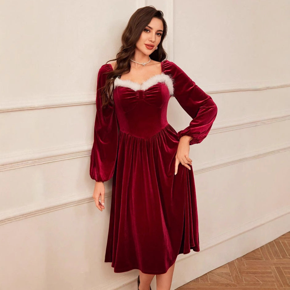 Women's Vintage Christmas Party Long Sleeve Red Velvet Dress Women Gym From House