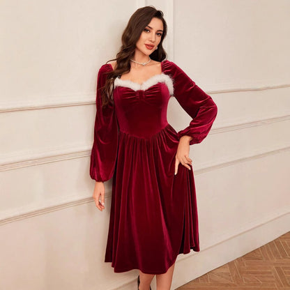 Women's Vintage Christmas Party Long Sleeve Red Velvet Dress Women Gym From House