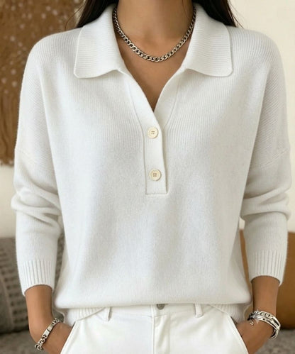 Women 's Polo Collar Knit Sweater Half Button V Neck Solid Color Women Gym From House White 2XL