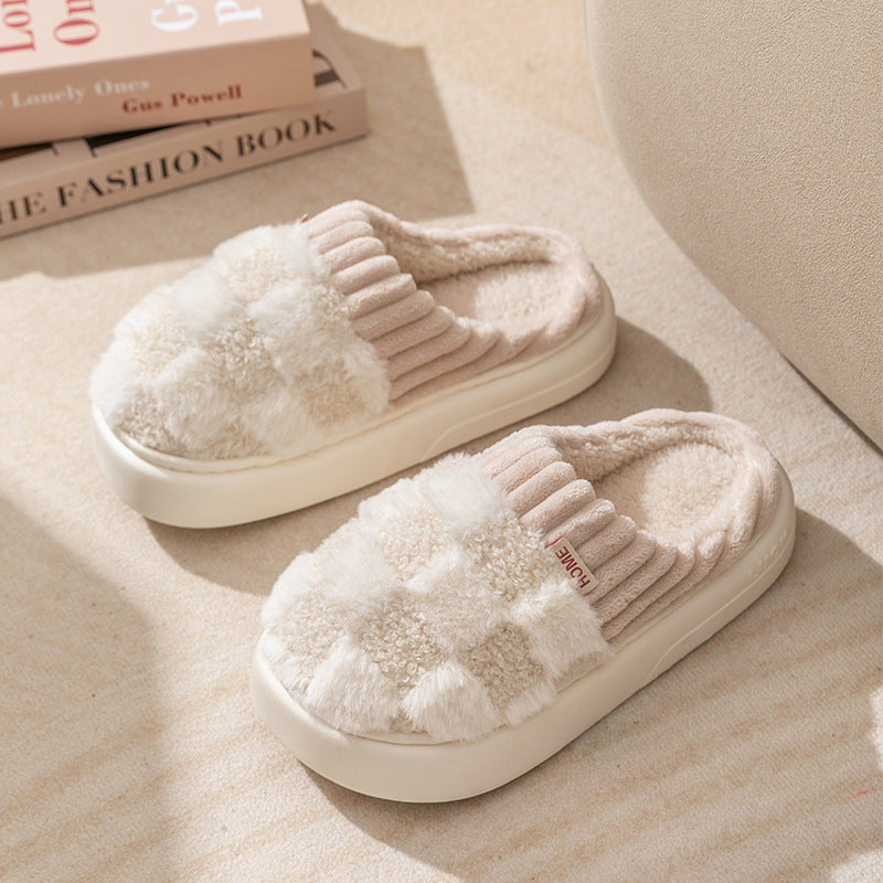 Plaid Plush Slippers Women's Indoor Plush Home Slippers Soft Sole Thick Non-Slip Warm House Shoes Couple Autumn And Winter Women DealSniper.net White 36or37