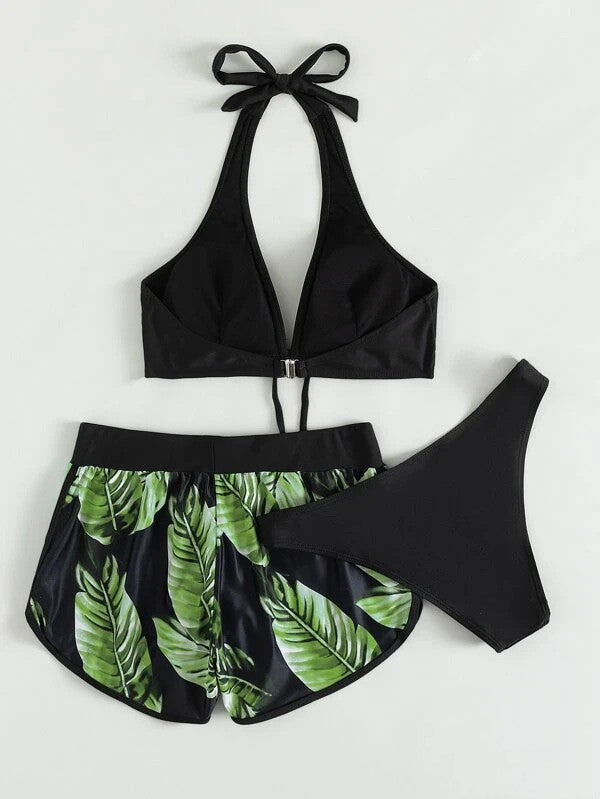3pcs Leaf Print Bikini With Shorts Fashion Summer Beach Swimsuit Womens Clothing Women DealSniper.net Pattern7 L