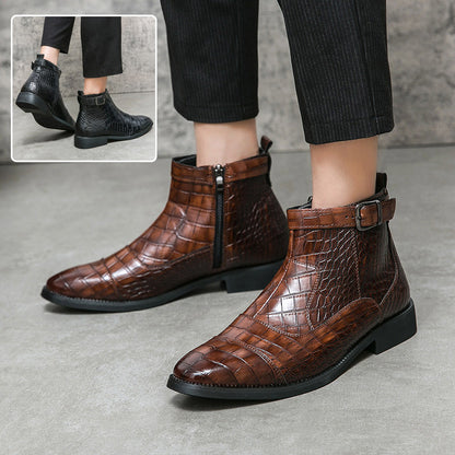 Men's Crocodile Pattern Boots Fashion Pointed Toe Low Square