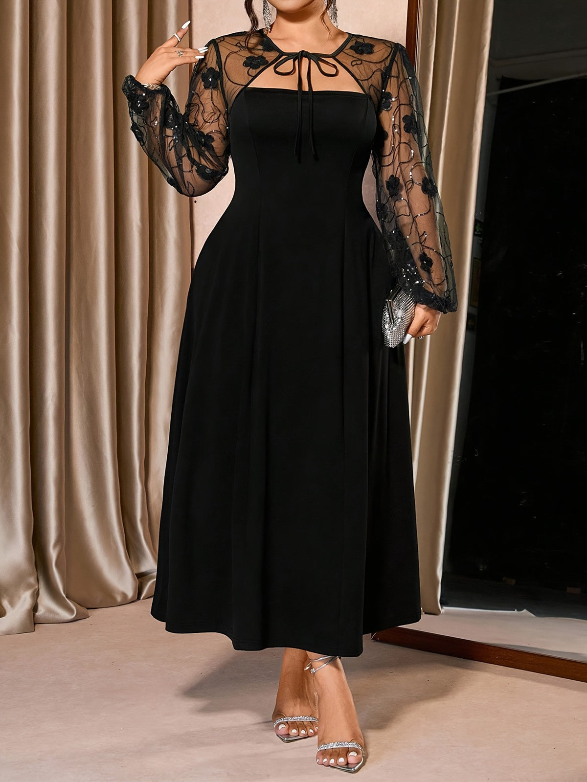 Summer Plus Size Square Neck Mesh Spliced Midi Dress Elegant Casual Women Gym From House