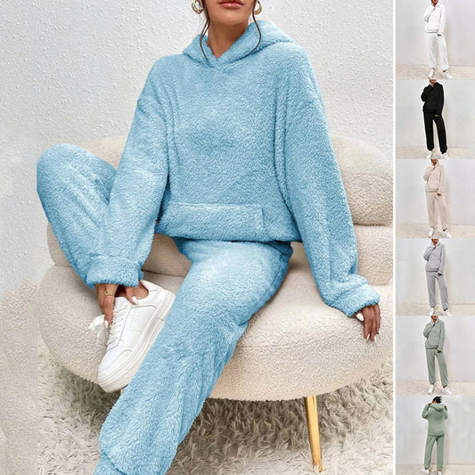 Winter Plush Pajama Set Fashion Casual Hooded Top And Elastic Band Women null